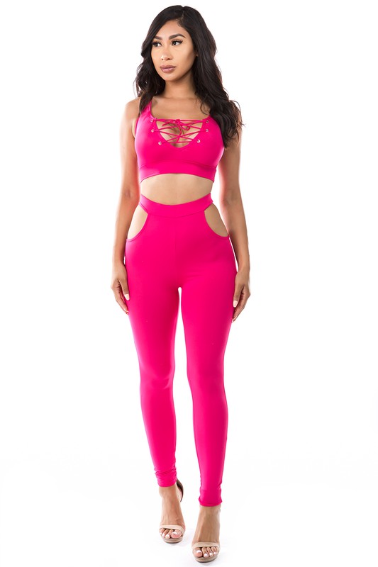She's the one 2pc set with crop top Neon Pink