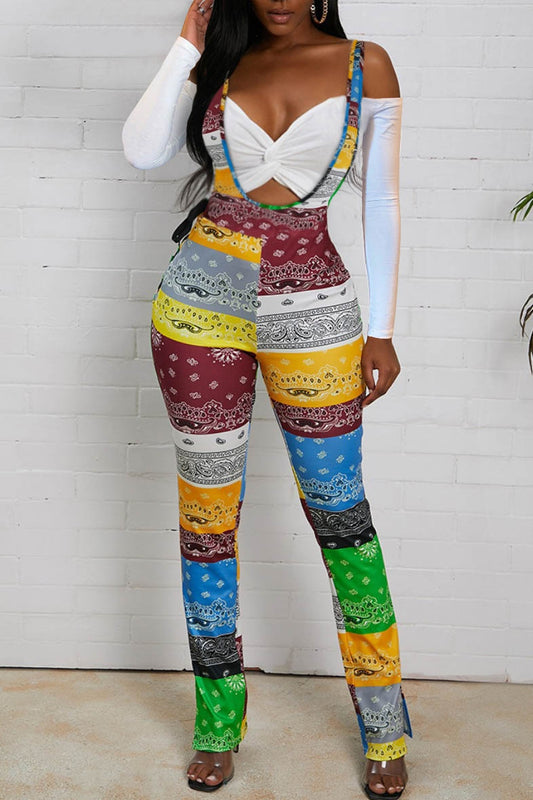 Colored Bandana Print Suspender Pants